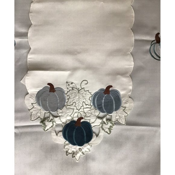 Ivory Tablecloth and Runner  with Autumn Leaves, Blue Pumpkins - Picture 3 of 4